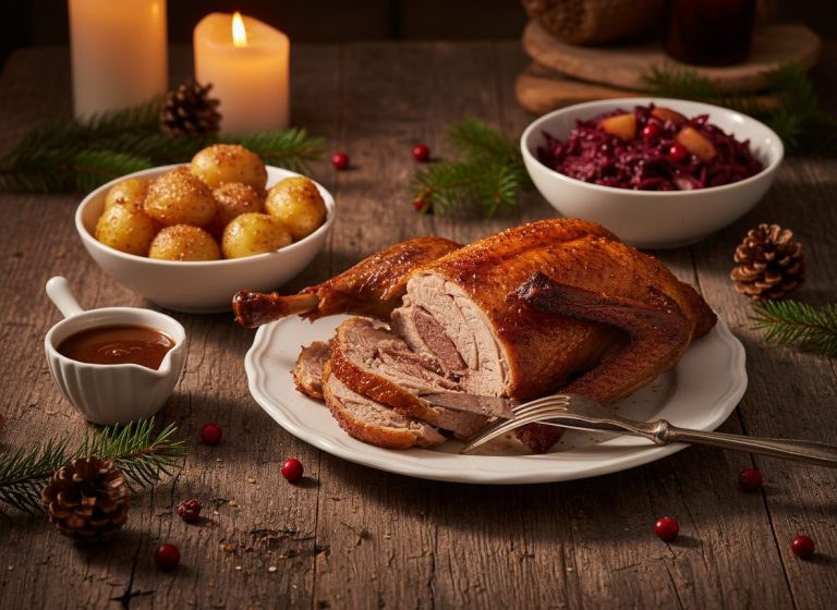 Hel stegt juleand med sprødt skind, skåret for, med rødkål og karamelliserede kartofler