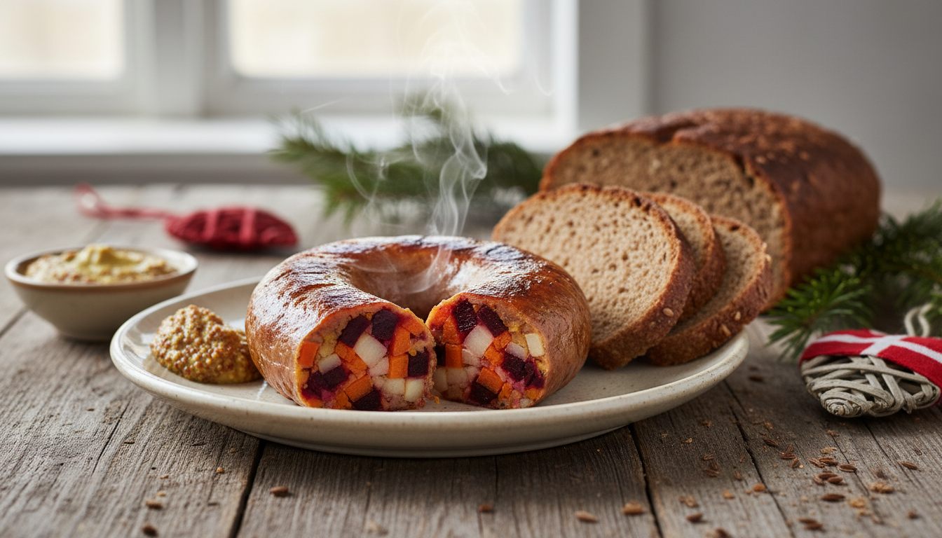 Ristet rodfrugtpølse, vegetarisk erstatning for medisterpølse til julefrokost