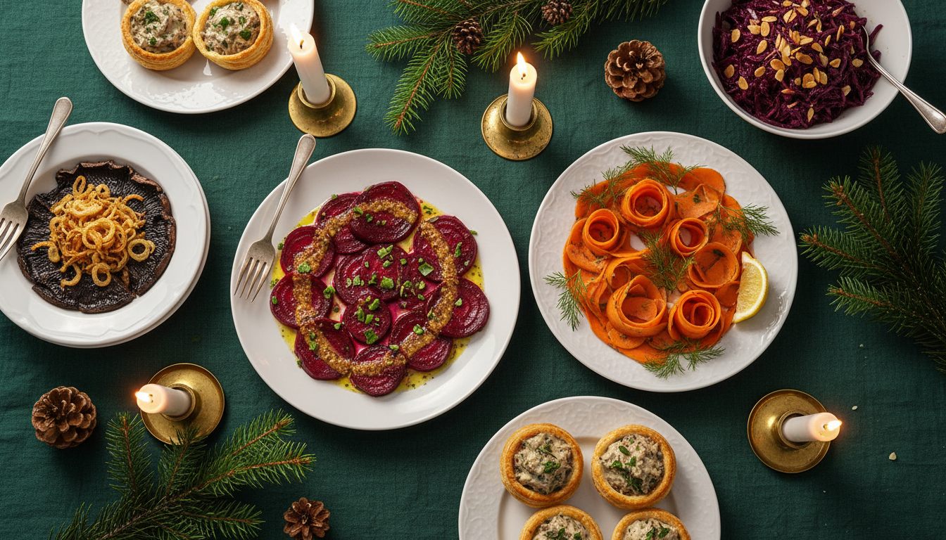 Vegetarisk julefrokostbord med rødbeder, gulerodslaks, portobello-bøf, tarteletter og rødkål